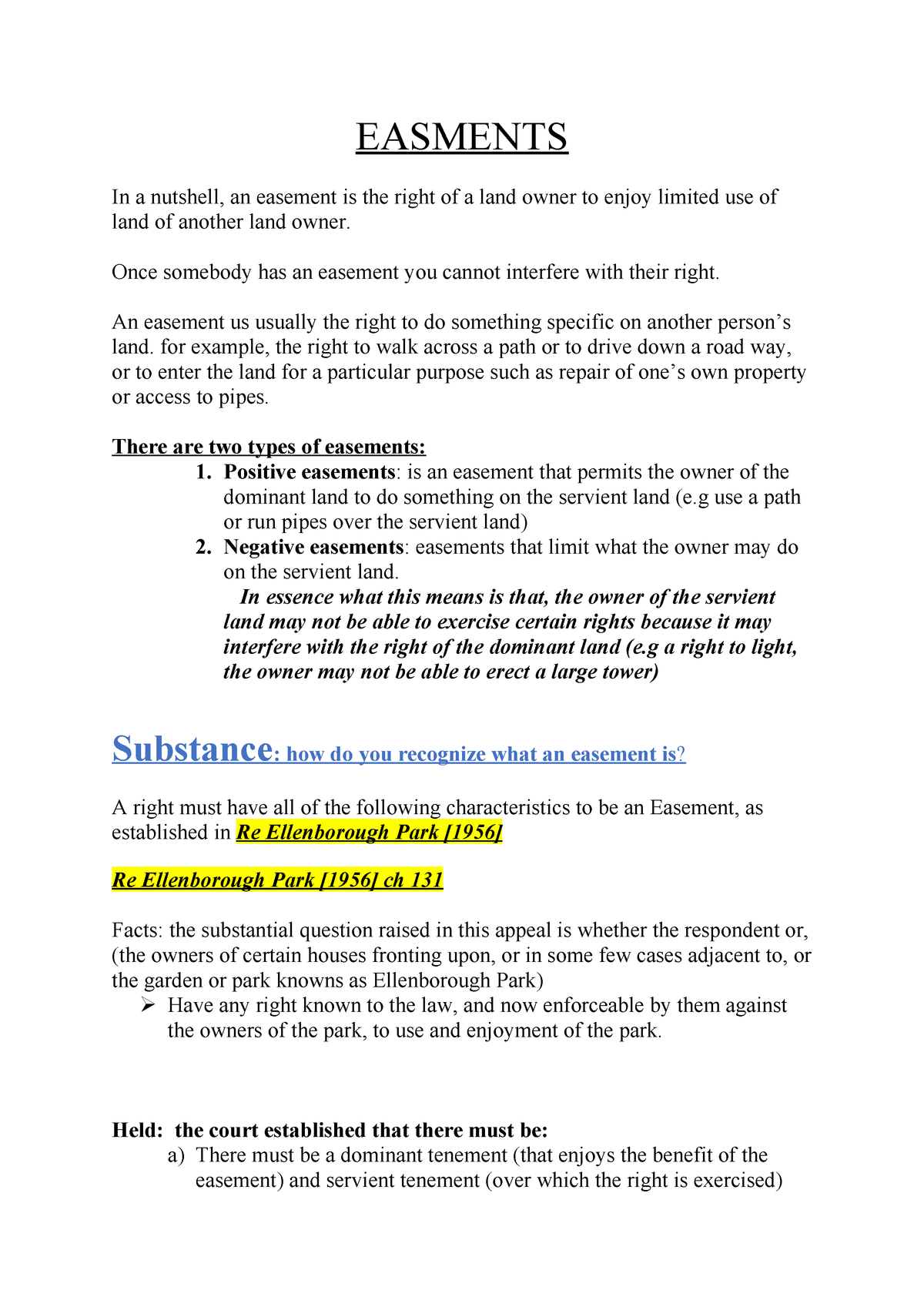Fence Easement Agreement Easments Detailed Note On Easement 08 21215 Land Law Studocu