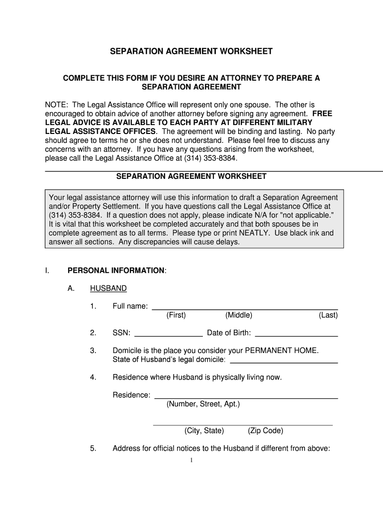 Financial Agreement Divorce Template Separation Agreement Worksheet Fill Online Printable Fillable