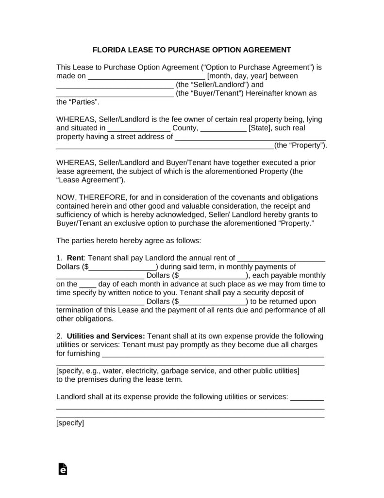 Florida Lease Agreement Free Florida Lease To Own Option To Purchase Agreement Template