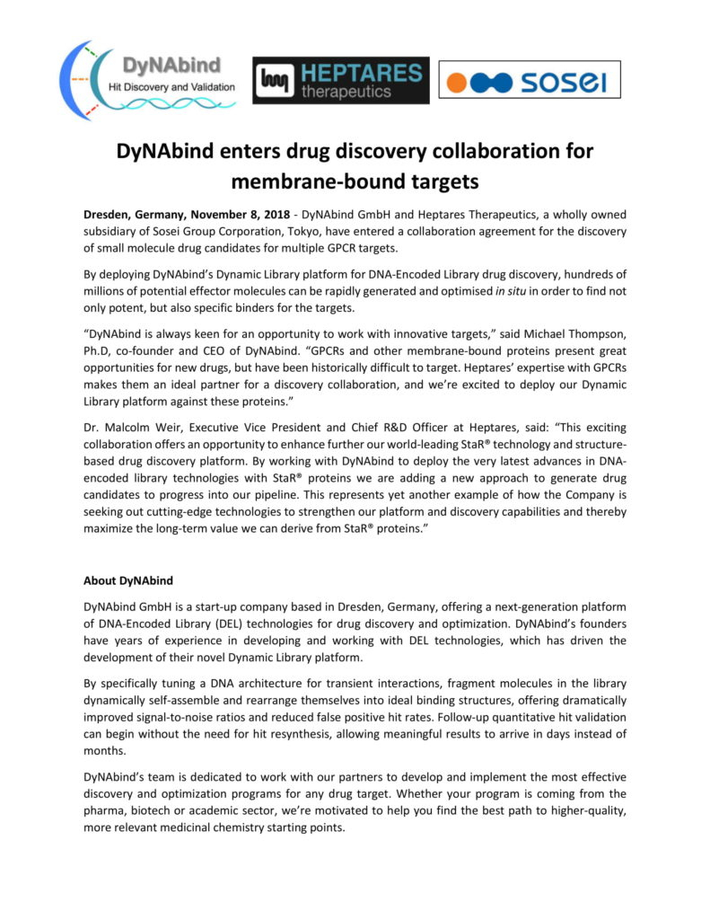 Founder Collaboration Agreement Dynabind Enters Collaboration Agreement With Heptares Therapeutics
