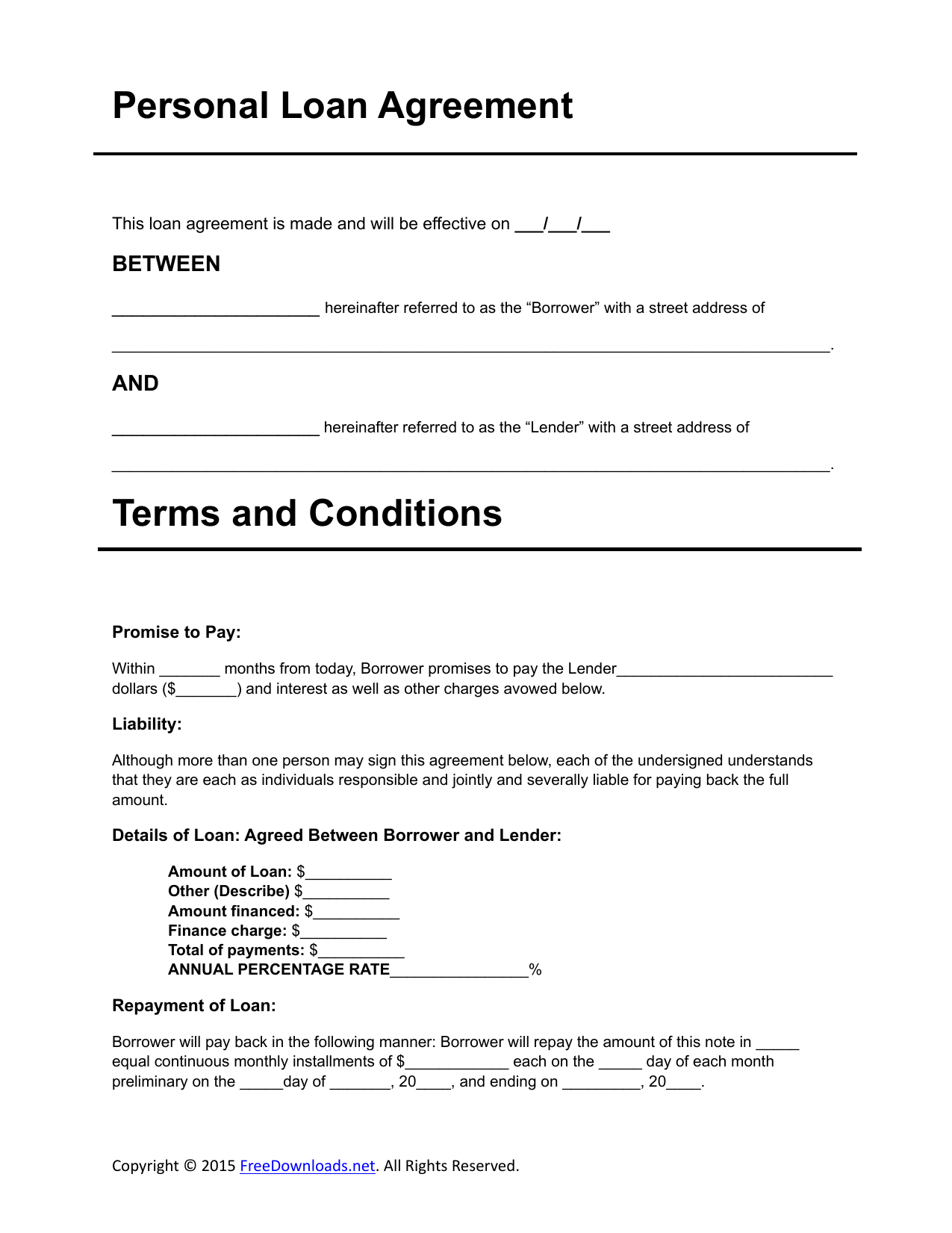 Free Loan Agreement Form Download Personal Loan Agreement Template Pdf Rtf Word