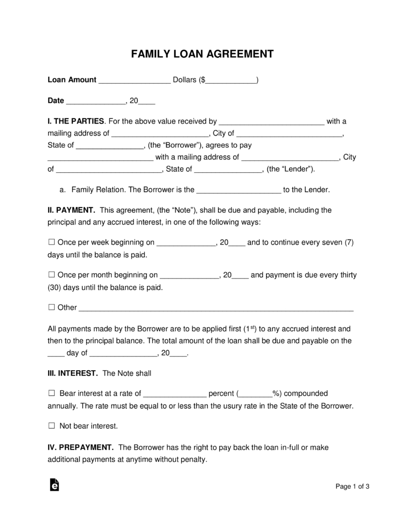 Free Loan Agreement Form Free Family Loan Agreement Template Pdf Word Eforms Free