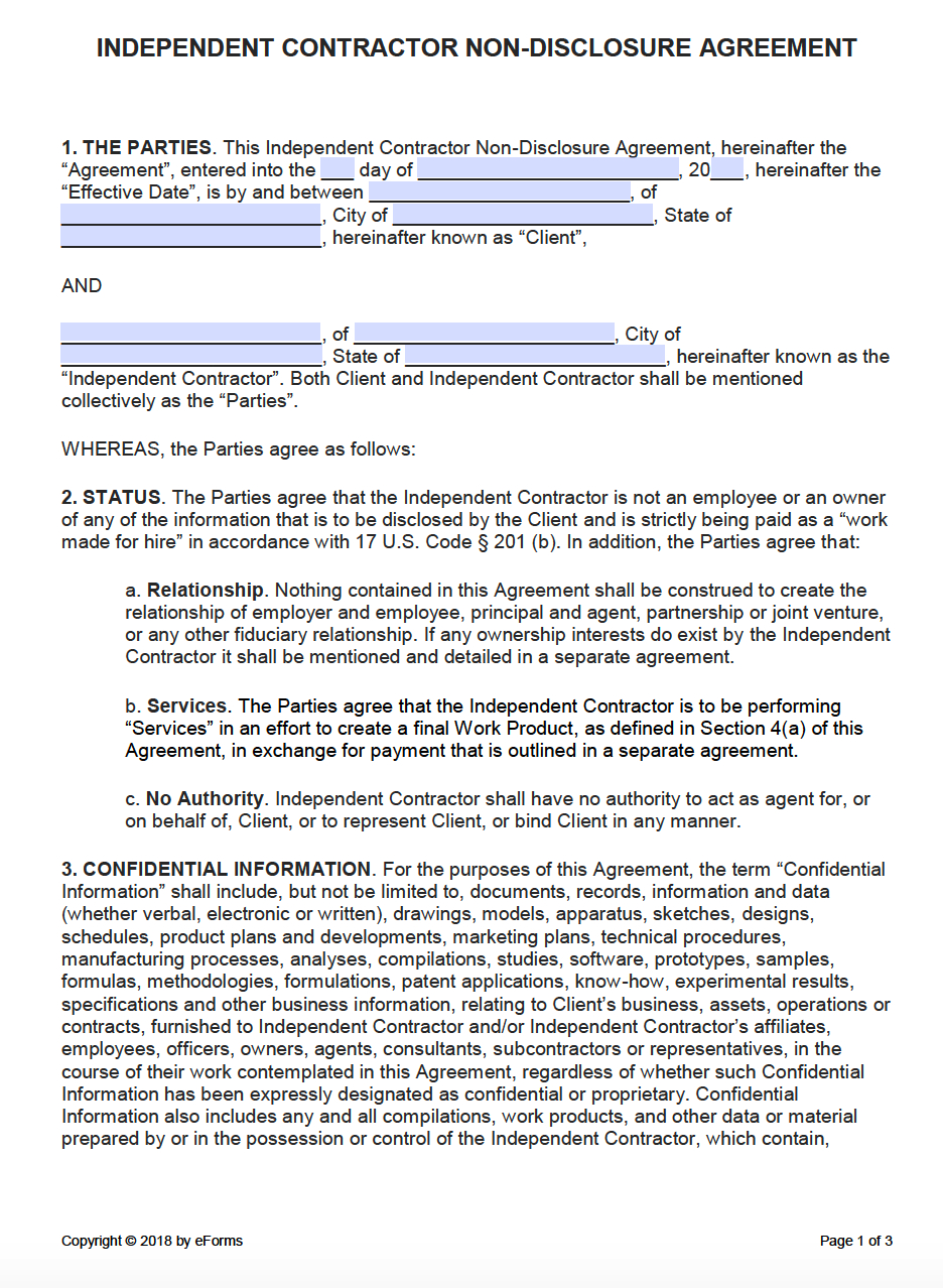Free Non Disclosure Agreement Form 012 Template Ideas Non Disclosure Agreement Independent Contractor