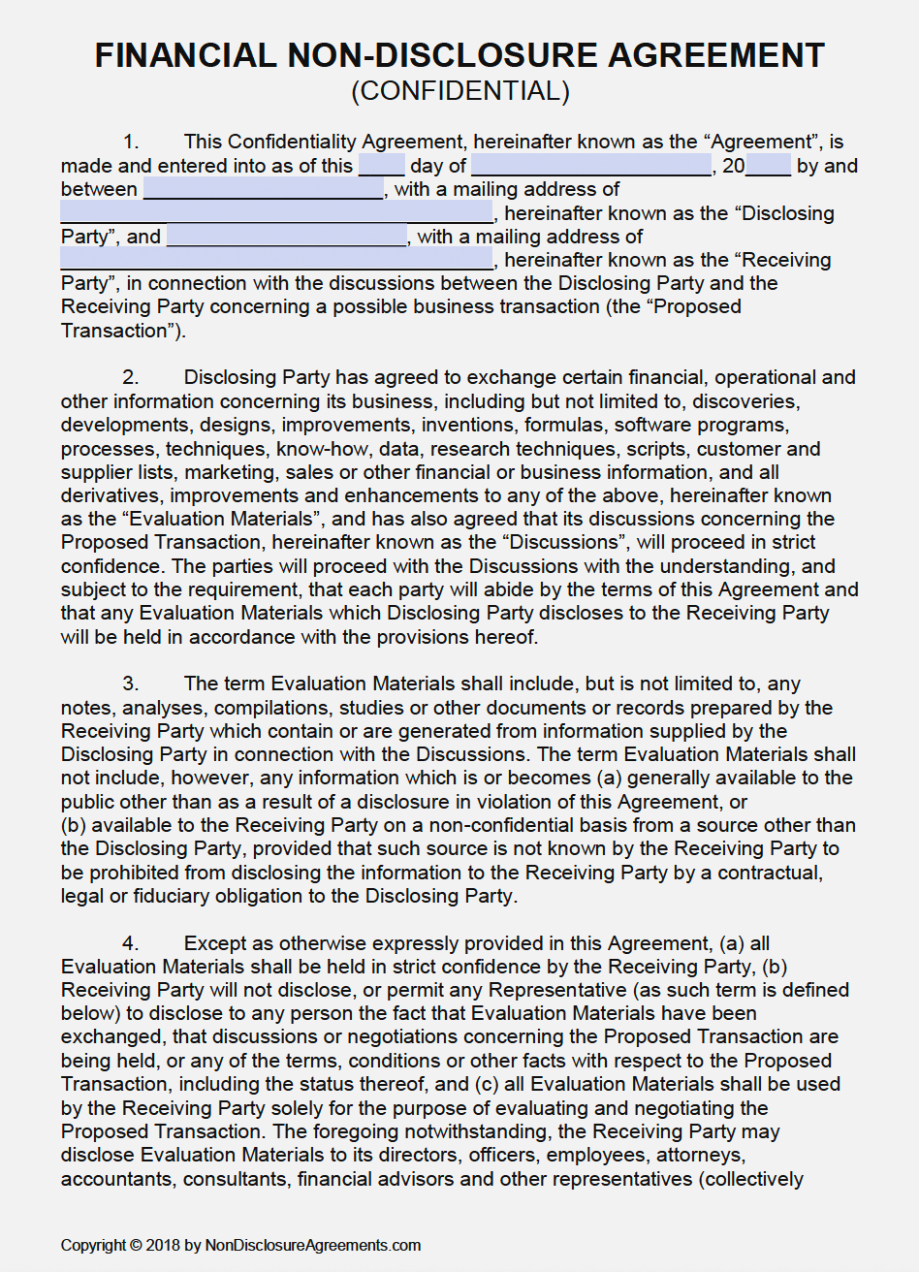 Free Non Disclosure Agreement Form Free Financial Non Disclosure Agreement Nda Template Pdf Word