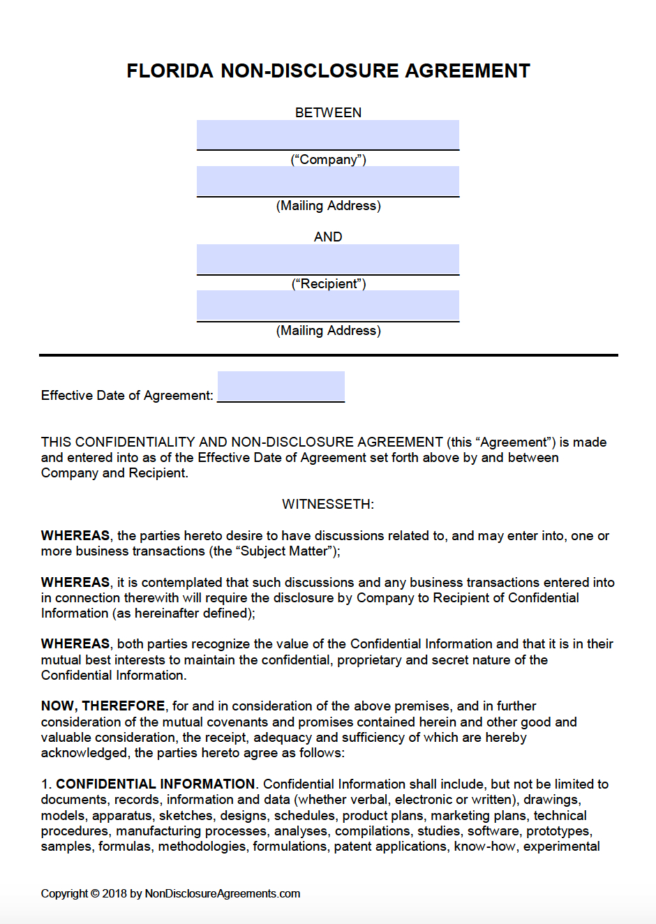 Free Non Disclosure Agreement Form Free Florida Non Disclosure Agreement Nda Template Pdf Word