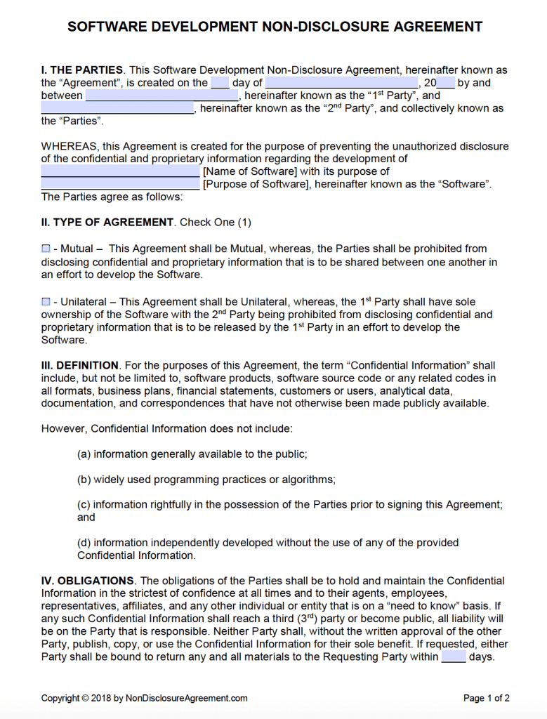 Free Non Disclosure Agreement Form Free Software Development Non Disclosure Agreement Nda Pdf