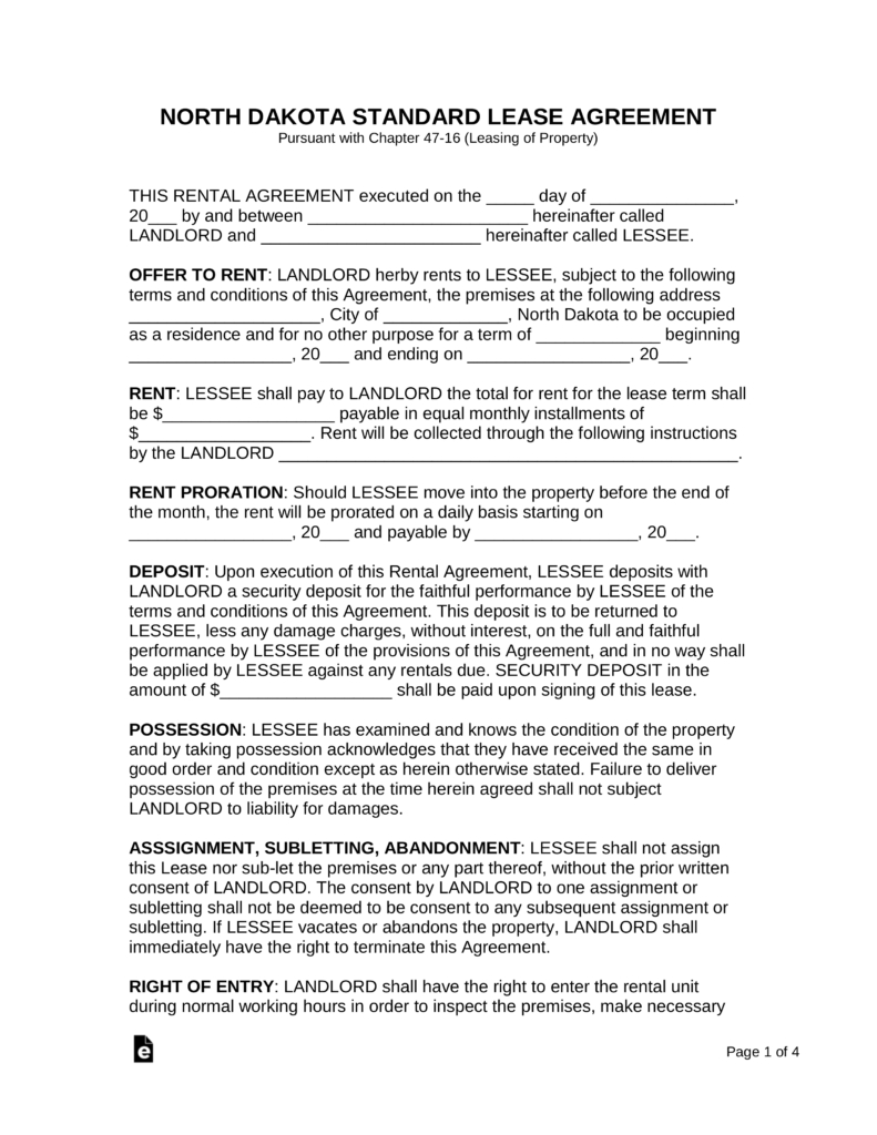 Free Printable Lease Agreement Template Free North Dakota Rental Lease Agreements Residential Commercial