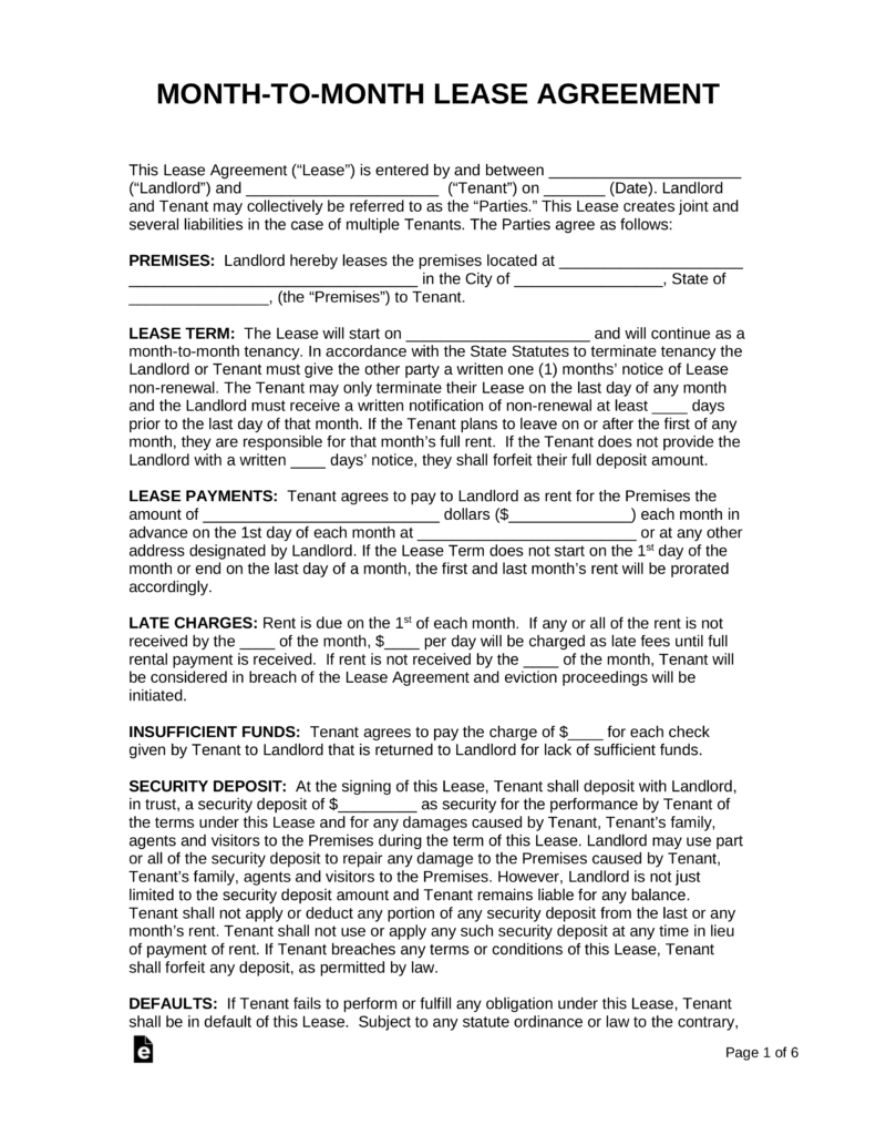 Free Printable Lease Agreement Template Month To Month Lease Agreement Templates Eforms Free Fillable Forms