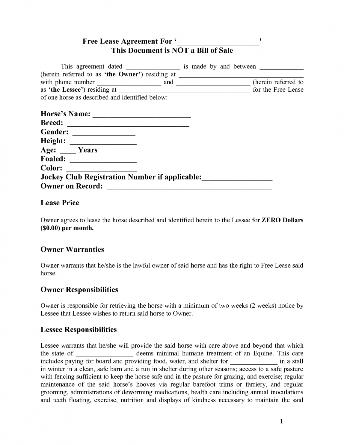 Free Printable Lease Agreement Template Printable Horse Template Printable Free Basic Lease Agreement