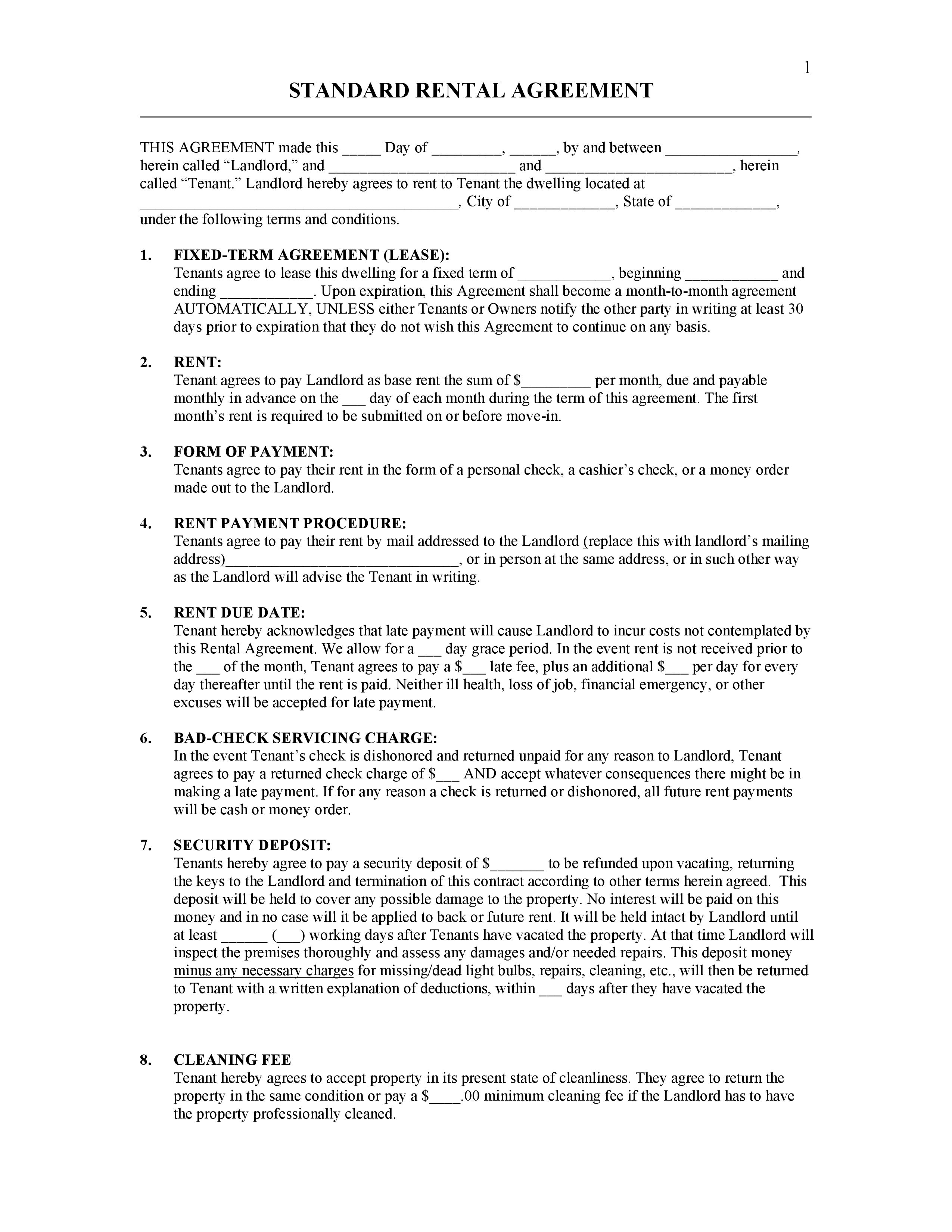 Free Rental Lease Agreement Form Download Free Rental Lease Agreement Forms Form Download
