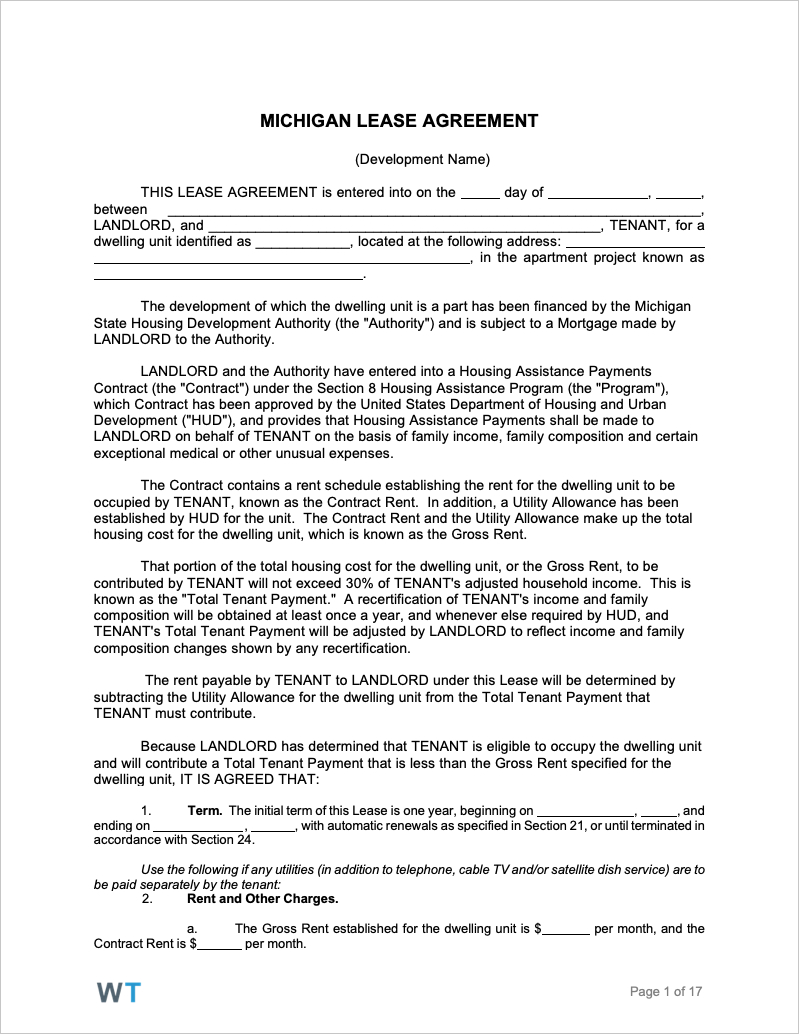 Free Rental Lease Agreement Form Free Michigan Rental Lease Agreements Pdf Word Rtf