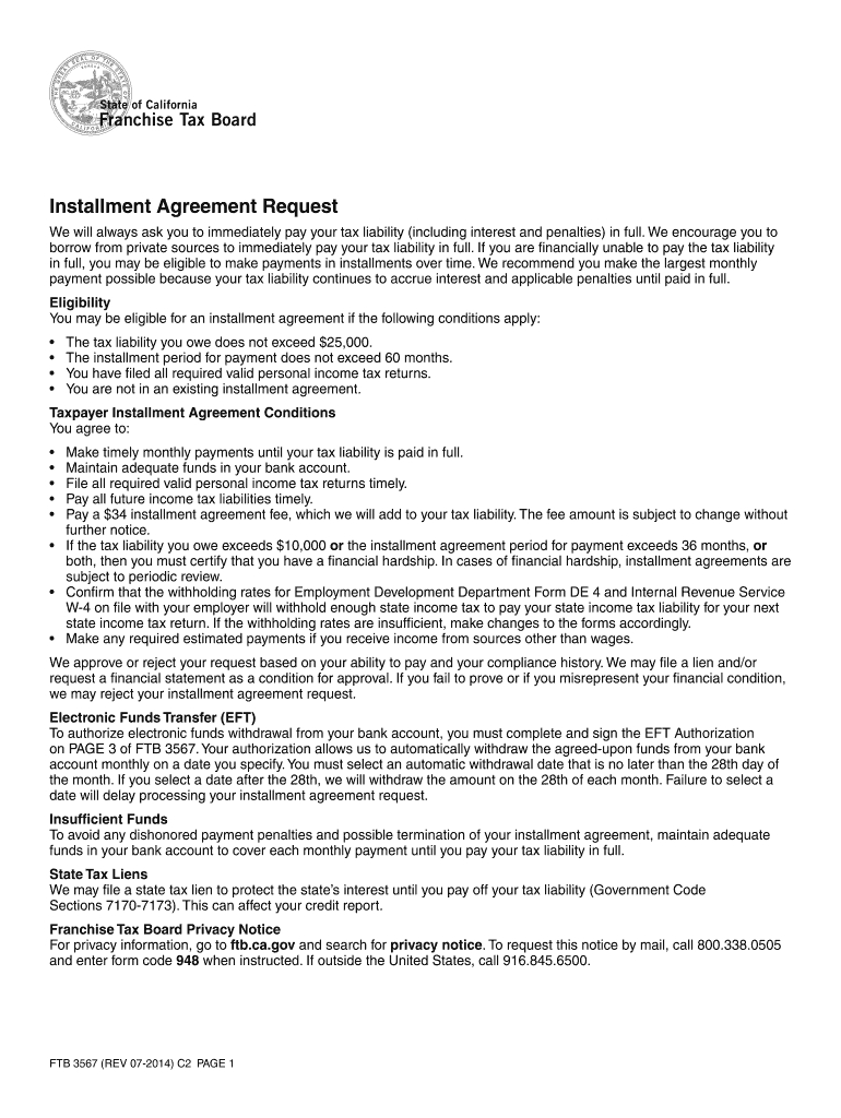 Ftb Ca Gov Installment Agreement 2014 2019 Form Ca Ftb 3567 Fill Online Printable Fillable Blank