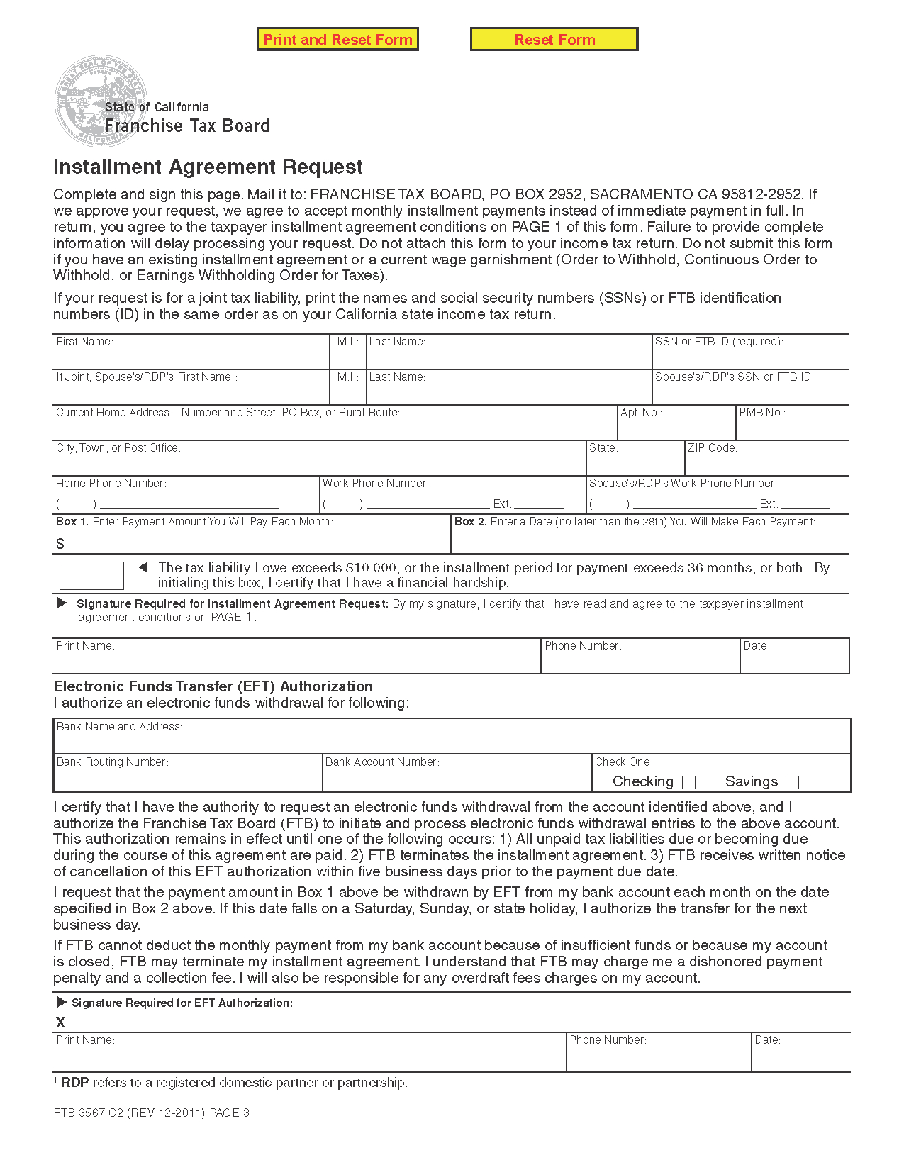 Ftb Ca Gov Installment Agreement Form 3567 Installment Agreement Request