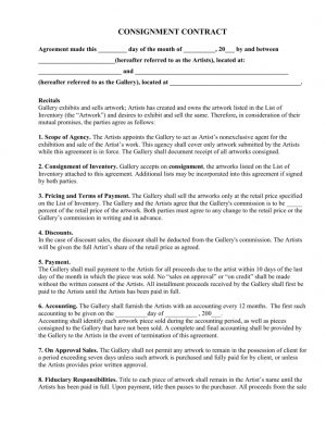 Gallery Consignment Agreement Consignment Contract