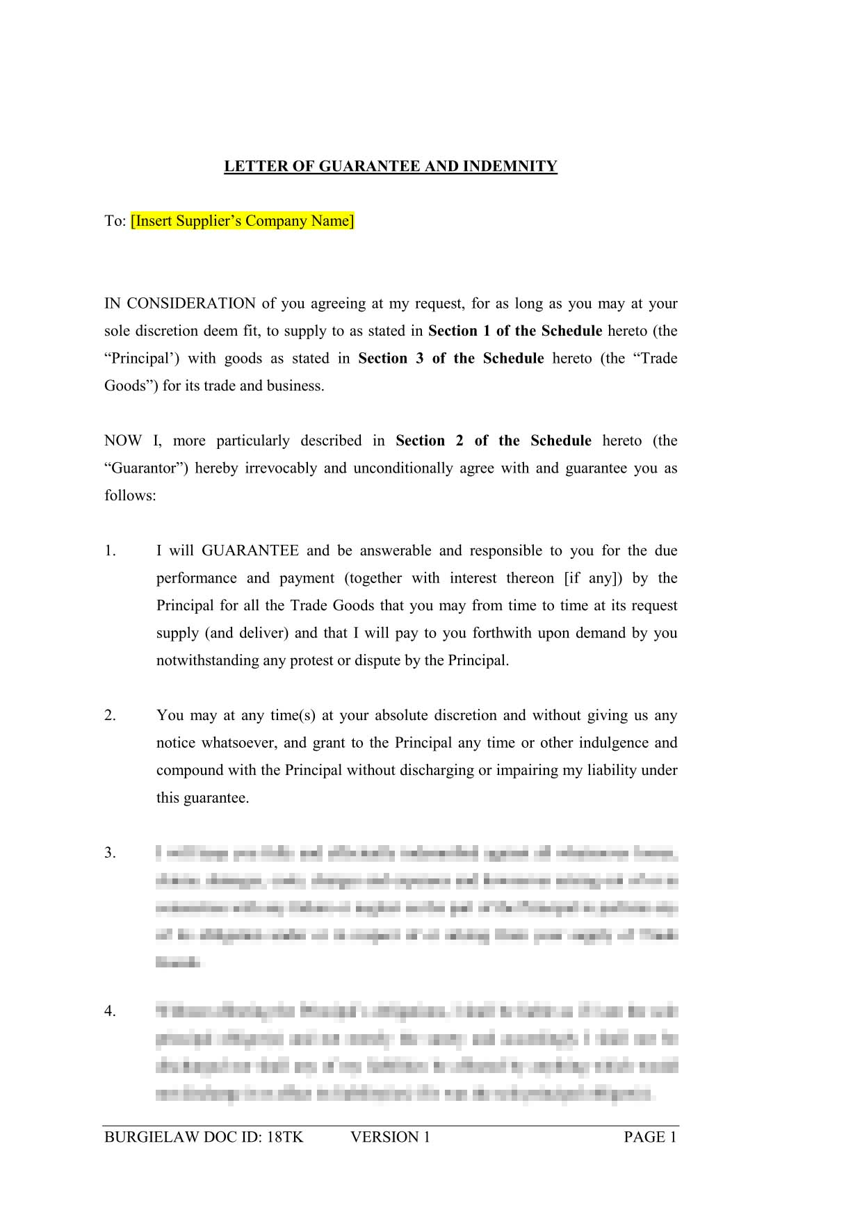Guarantee Agreement Template Letter Of Guarantee And Indemnity Supplier Template