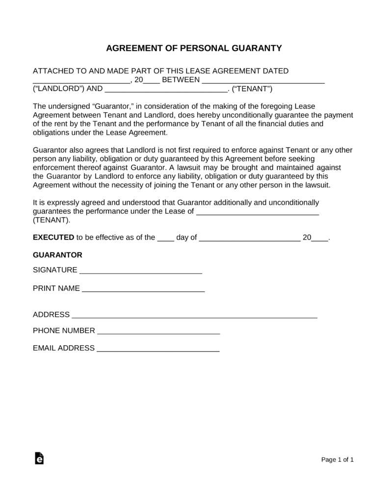 Guarantee Agreement Template Real Estate Lease Personal Guarantee Co Sign Form Eforms Free