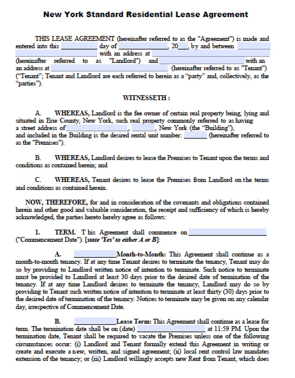 House Lease Agreement Ny Free New York Standard Residential Lease Agreement Template Pdf