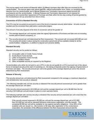 Interim Occupancy Agreement Tarion Requirements For Receipt And Release Of Security Pdf