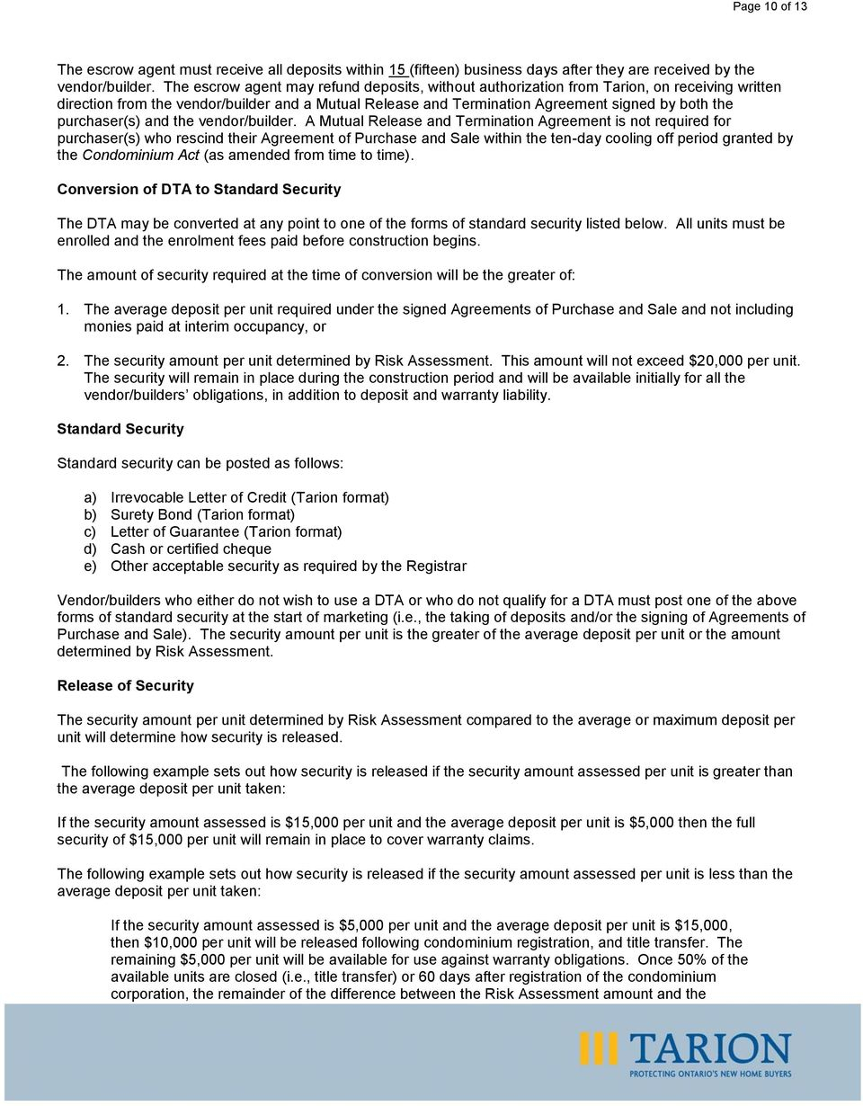 Interim Occupancy Agreement Tarion Requirements For Receipt And Release Of Security Pdf