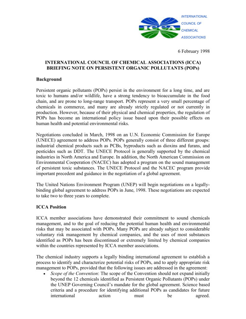 International Agreement On Environmental Management Briefing Note On Persistent Organic Pollutants