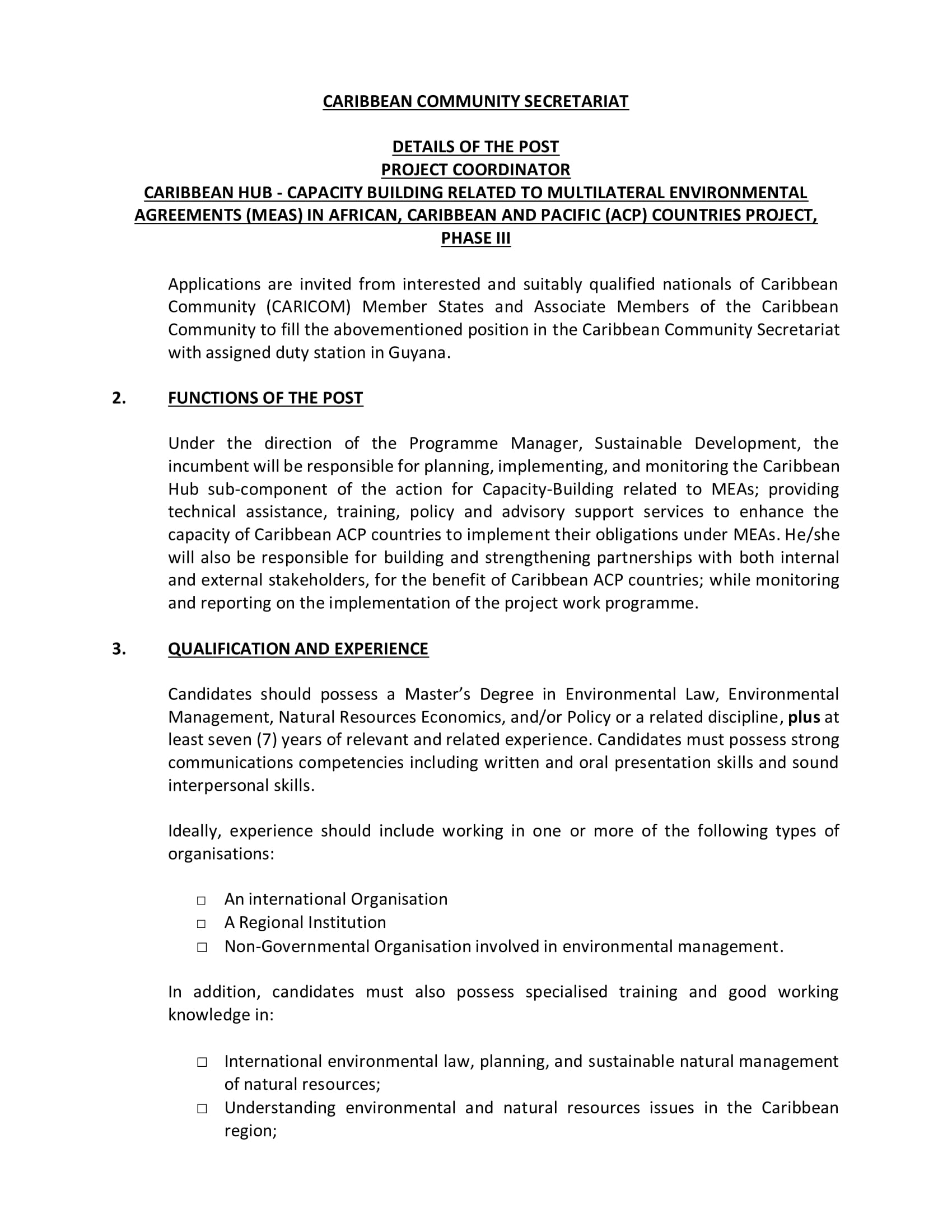 International Agreement On Environmental Management Caricom Project Coordinator Caribbean Hub Capacity Building