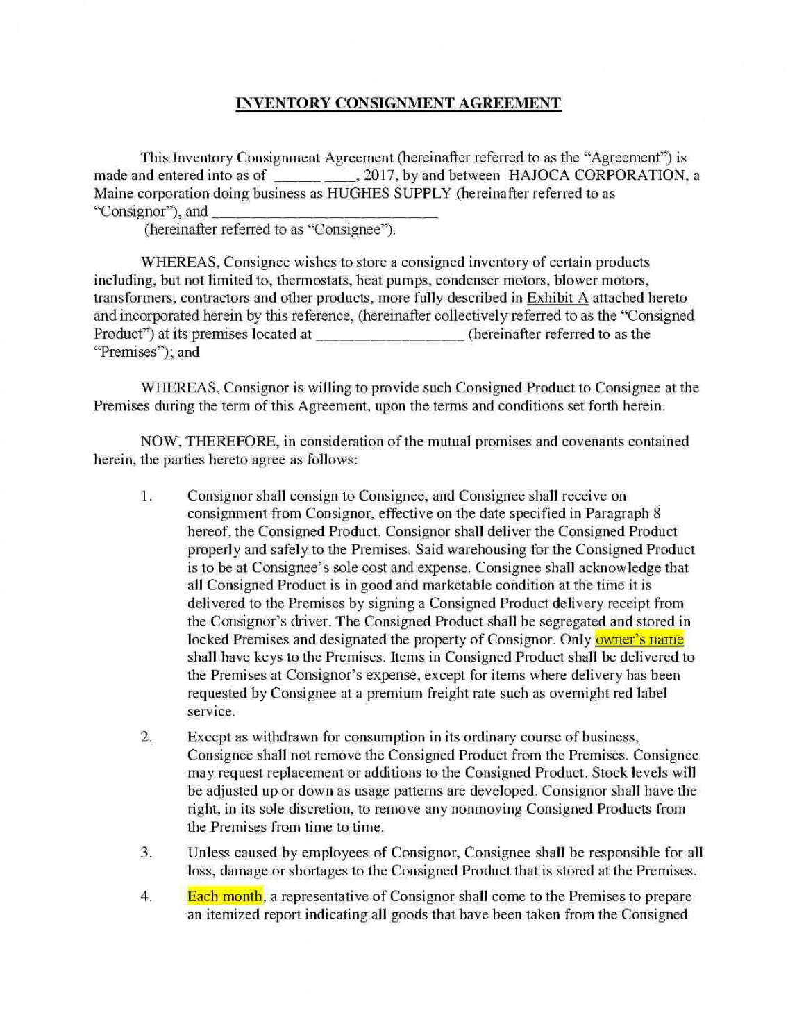 Inventory Consignment Agreement Consignment Inventory Agreement Template