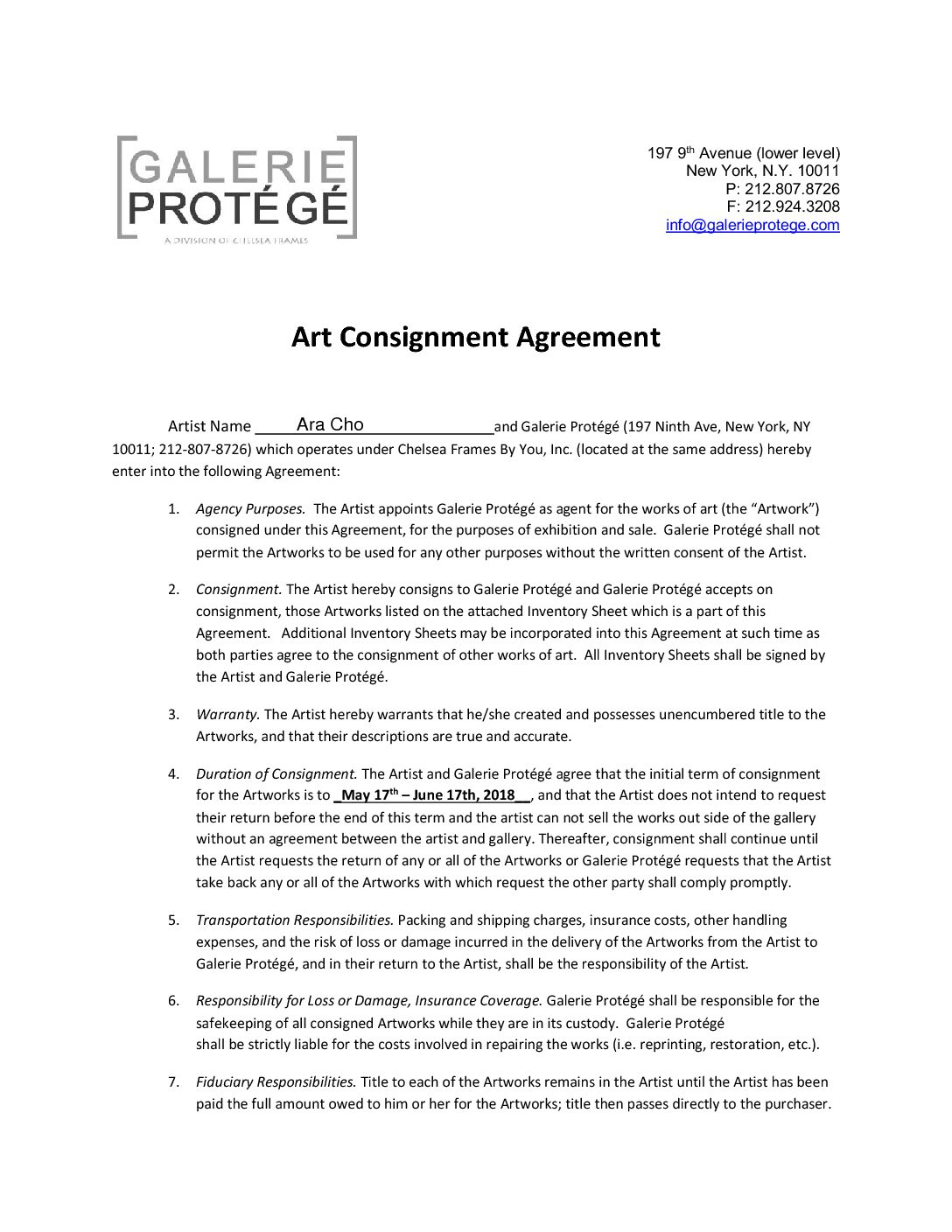 Inventory Consignment Agreement Galerie Protg Art Consignment Agreement In2 1 Arte Fuse