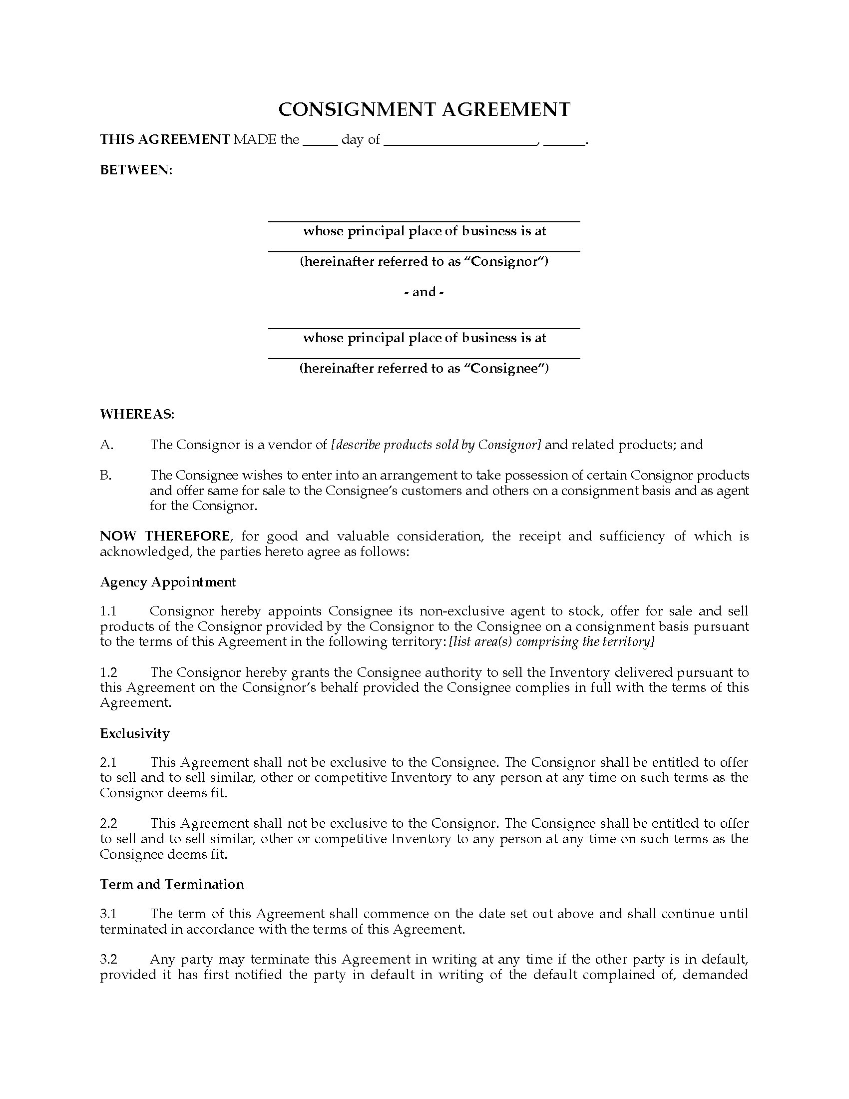 Inventory Consignment Agreement Ontario Consignment Agreement For Sale Of Products