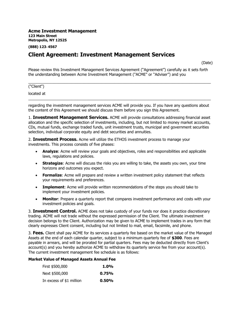 Investment Management Agreement Acme Investment Management