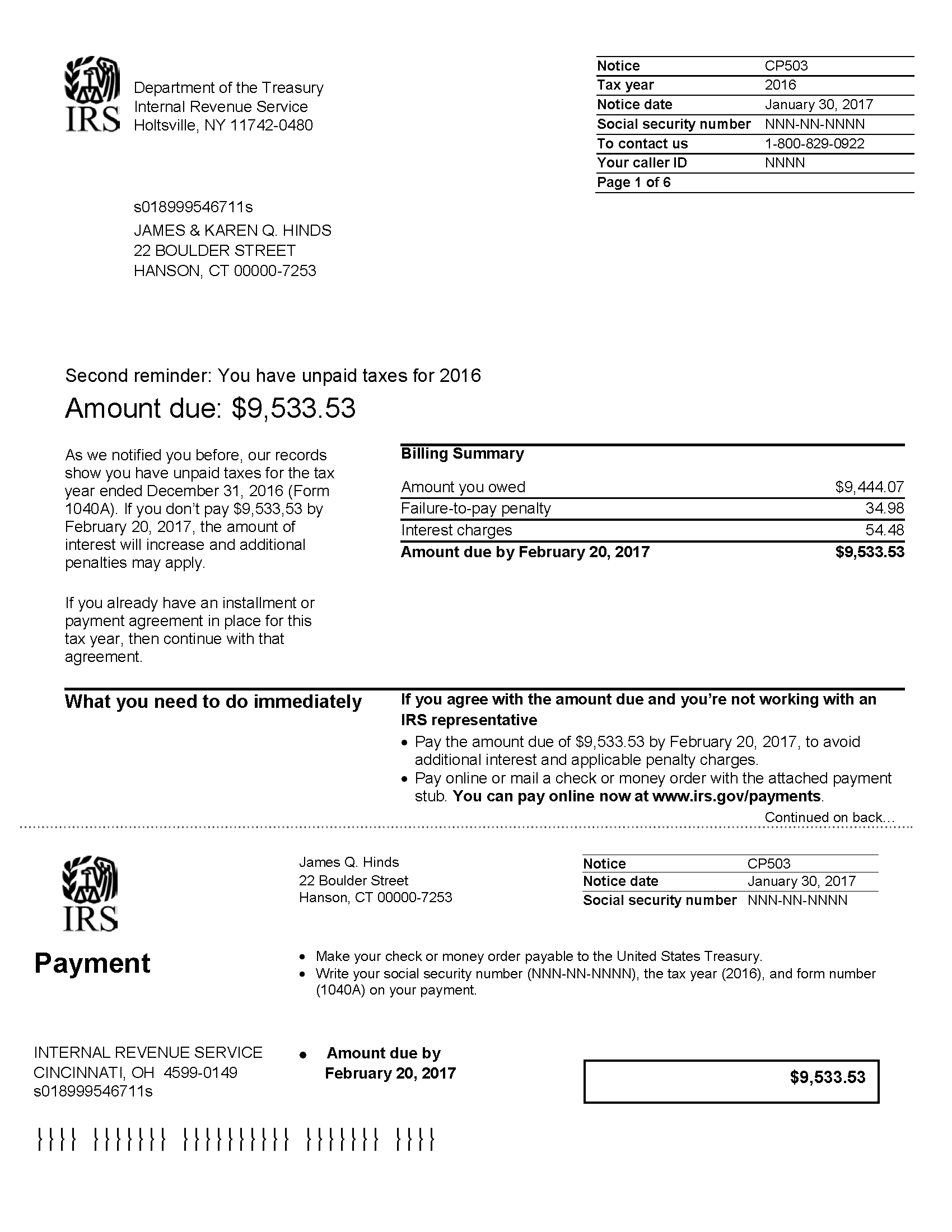 Irs Installment Agreement Online Irs Notice Cp503 Second Reminder For Unpaid Taxes Hr Block