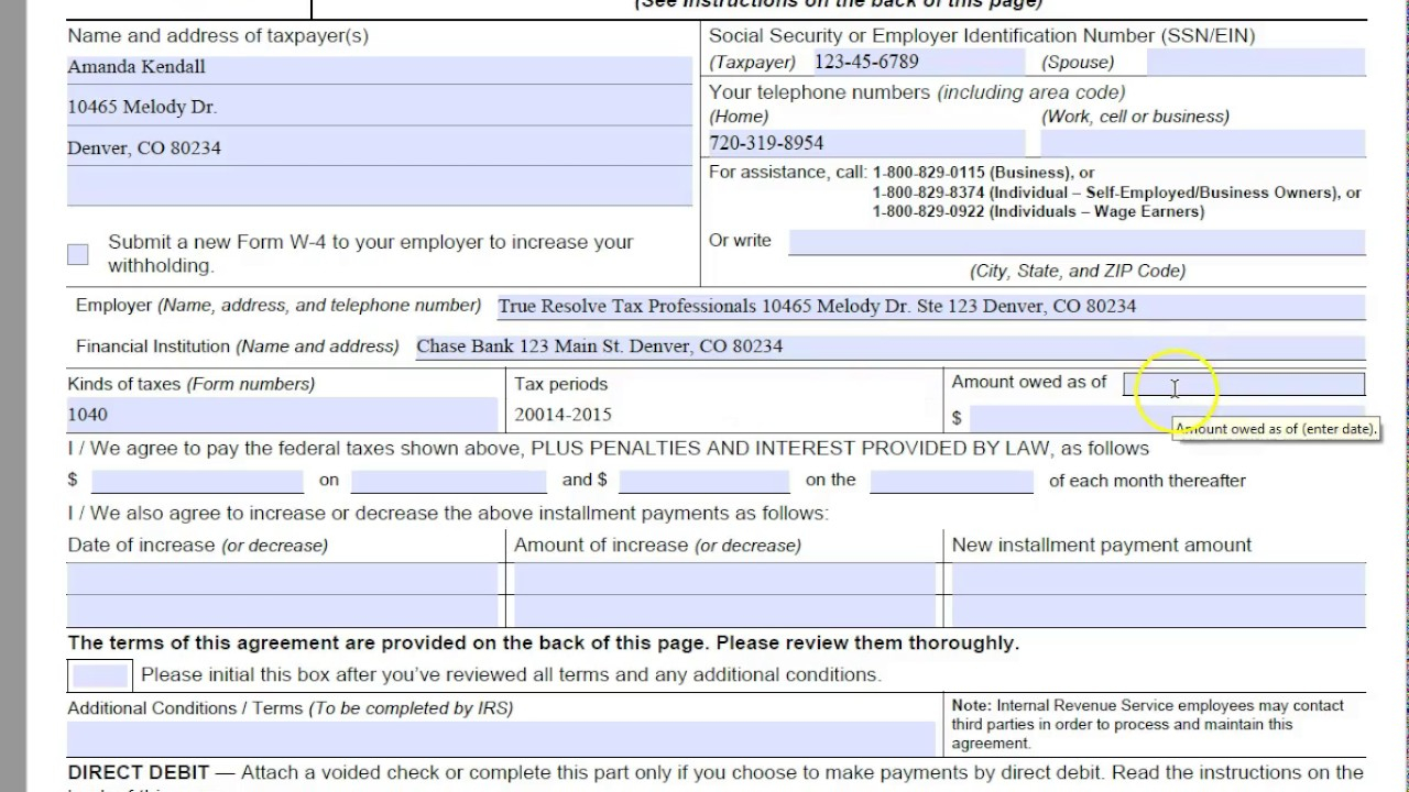 Irs Instalment Agreement Form How To Complete Form 433 D Direct Debit Installment Agreement