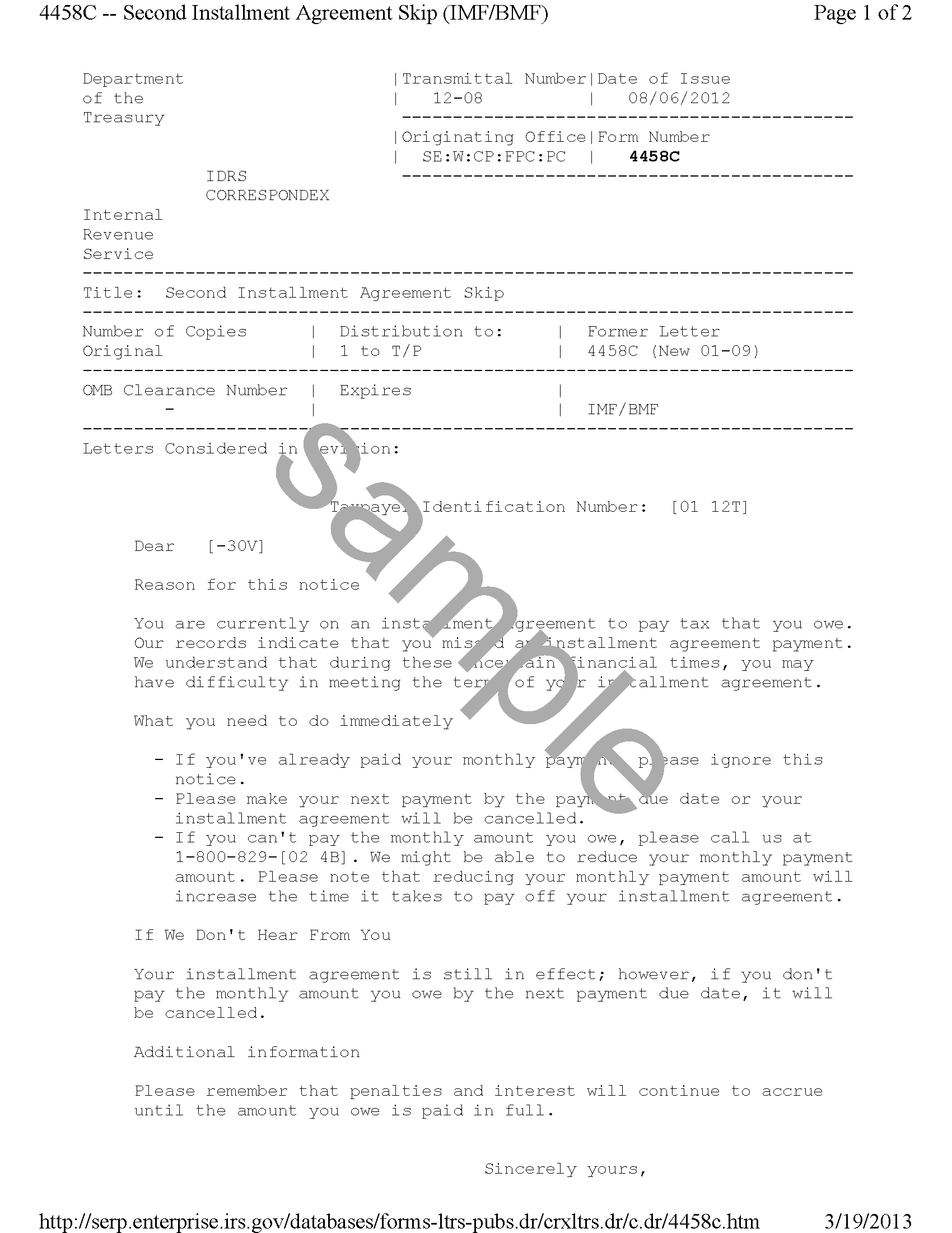 Irs Instalment Agreement Form Irs Letter 4458c Second Installment Agreement Skip Hr Block