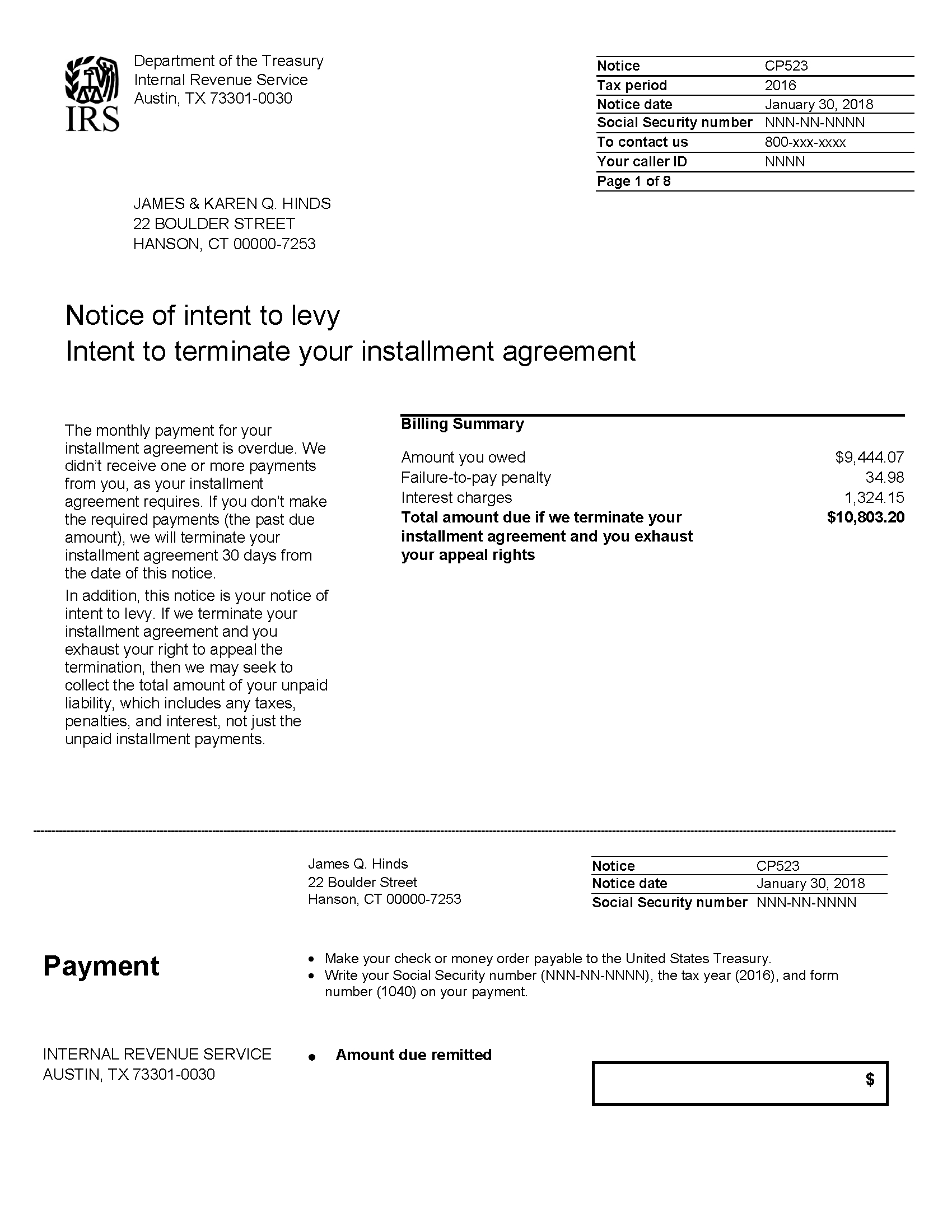 Irs Instalment Agreement Form Irs Notice Cp523 Intent To Terminate Your Installment Agreement