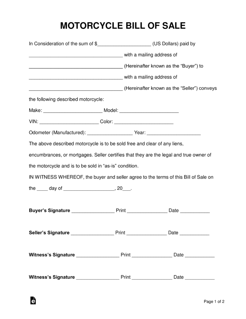 Is A Verbal Agreement Legally Binding Free Motorcycle Bill Of Sale Form Pdf Word Eforms Free