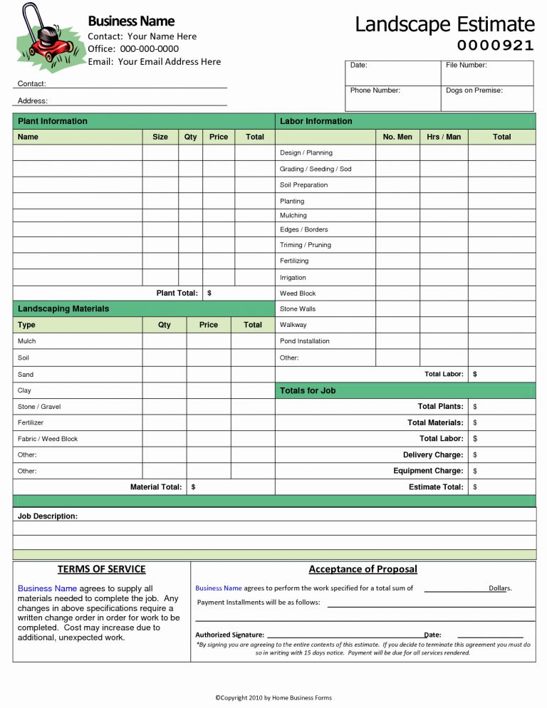 Landscaping Service Agreement Lawn Care Invoiceate Excel Landscaping