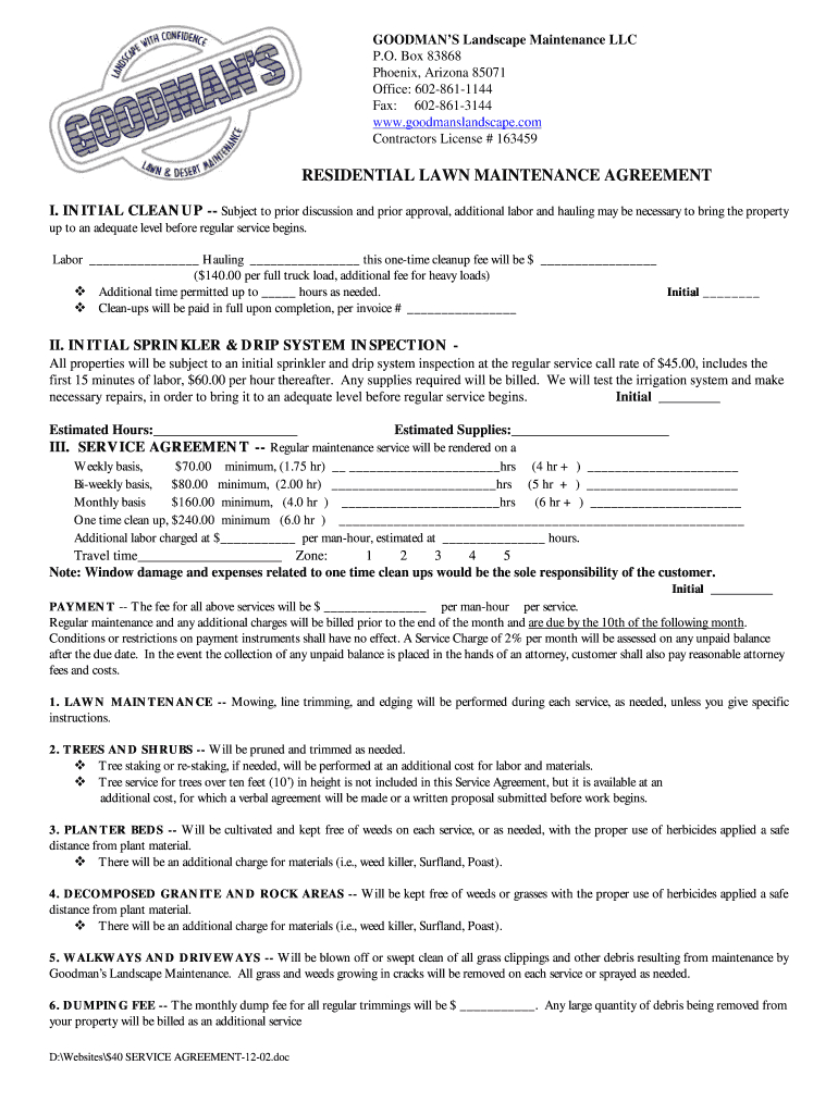 Landscaping Service Agreement Sample Lawn Service Contract Fill Online Printable Fillable