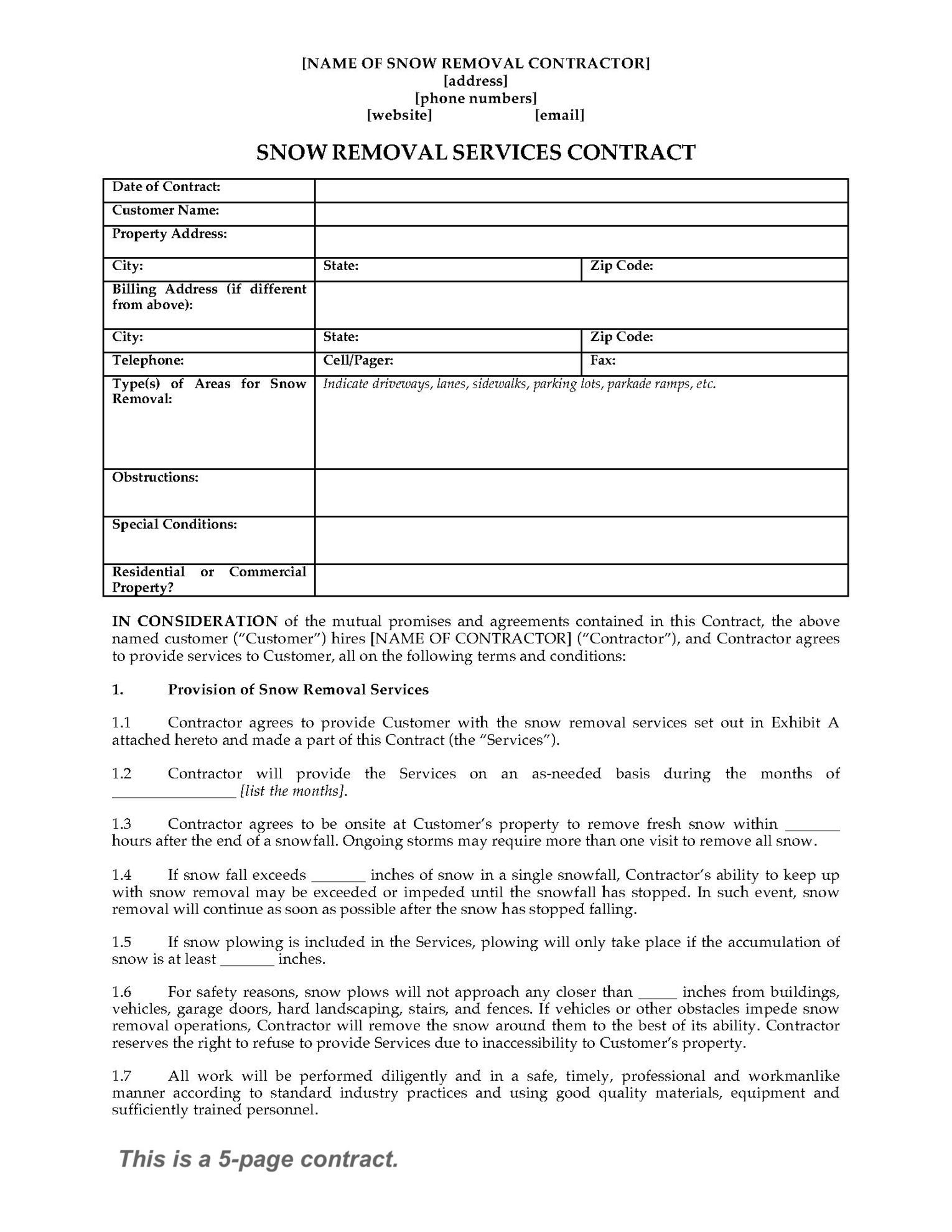 Landscaping Service Agreement Snow Removal Contract Form