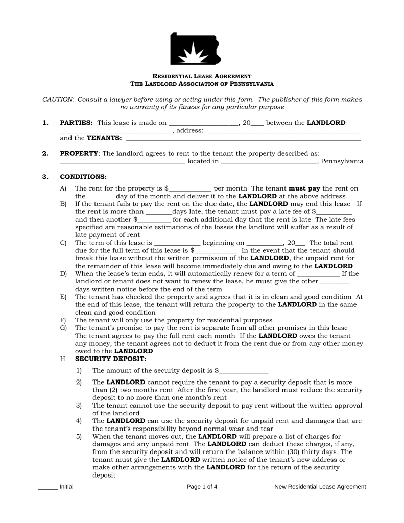 Lawyer Lease Agreement Free Pennsylvania Standard Residential Lease Agreement Form Pdf