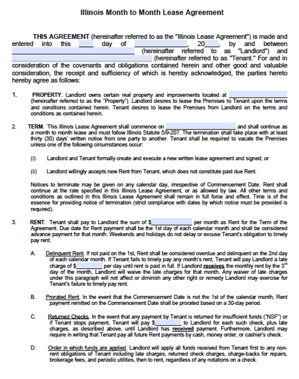 Lease Agreement Form Illinois Free Illinois Month To Month Lease Agreement Template Pdf Word