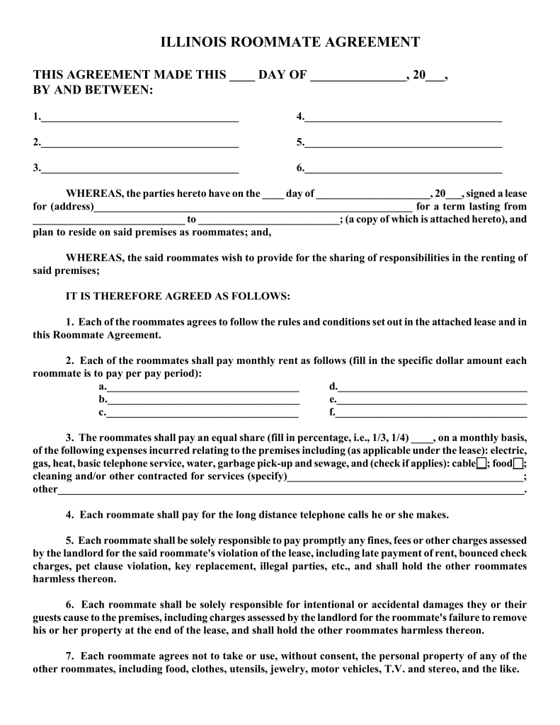 Lease Agreement Form Illinois Free Illinois Roommate Room Rental Agreement Form Pdf Eforms