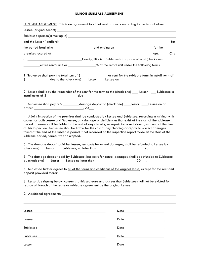 Lease Agreement Form Illinois Free Illinois Sublease Agreement Template Pdf Word Eforms