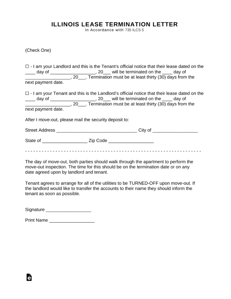 Lease Agreement Form Illinois Illinois Lease Termination Letter Form 30 Day Notice Eforms