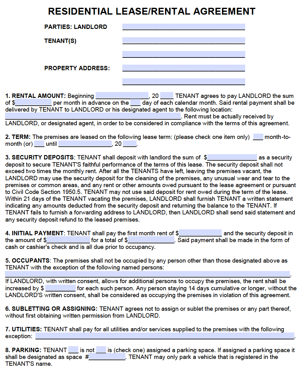 Lease Agreement Sample Form Free California Standard Residential Lease Agreement Template Pdf