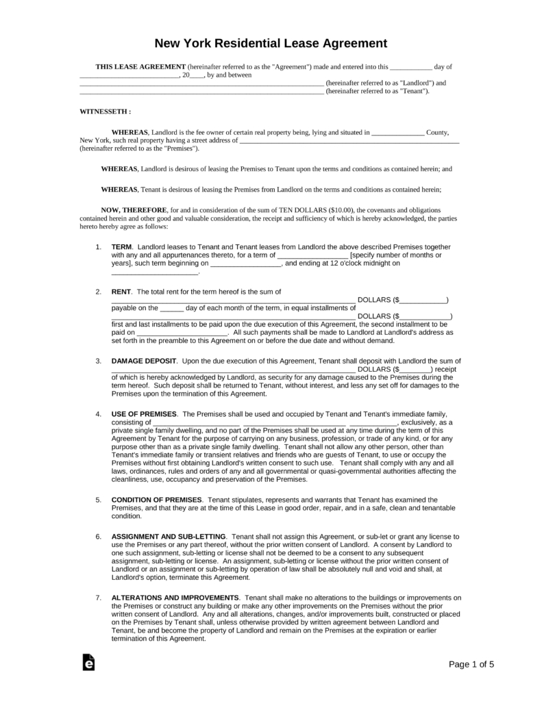 Lease Agreement Sample Form Free New York Standard Residential Lease Agreement Template Pdf