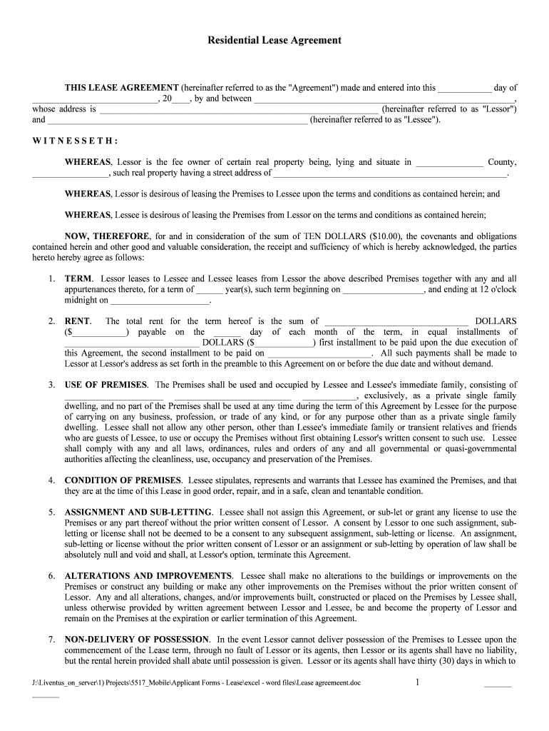 Lease Agreement Sample Form Residential Lease Agreement Fill Online Printable Fillable