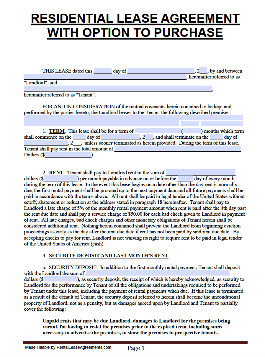 Lease And Purchase Agreement Free Florida Lease Agreement With Option To Purchase Pdf Template