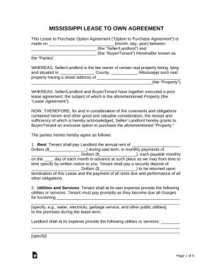 Lease And Purchase Agreement Free Mississippi Lease To Own Option To Purchase Agreement Form