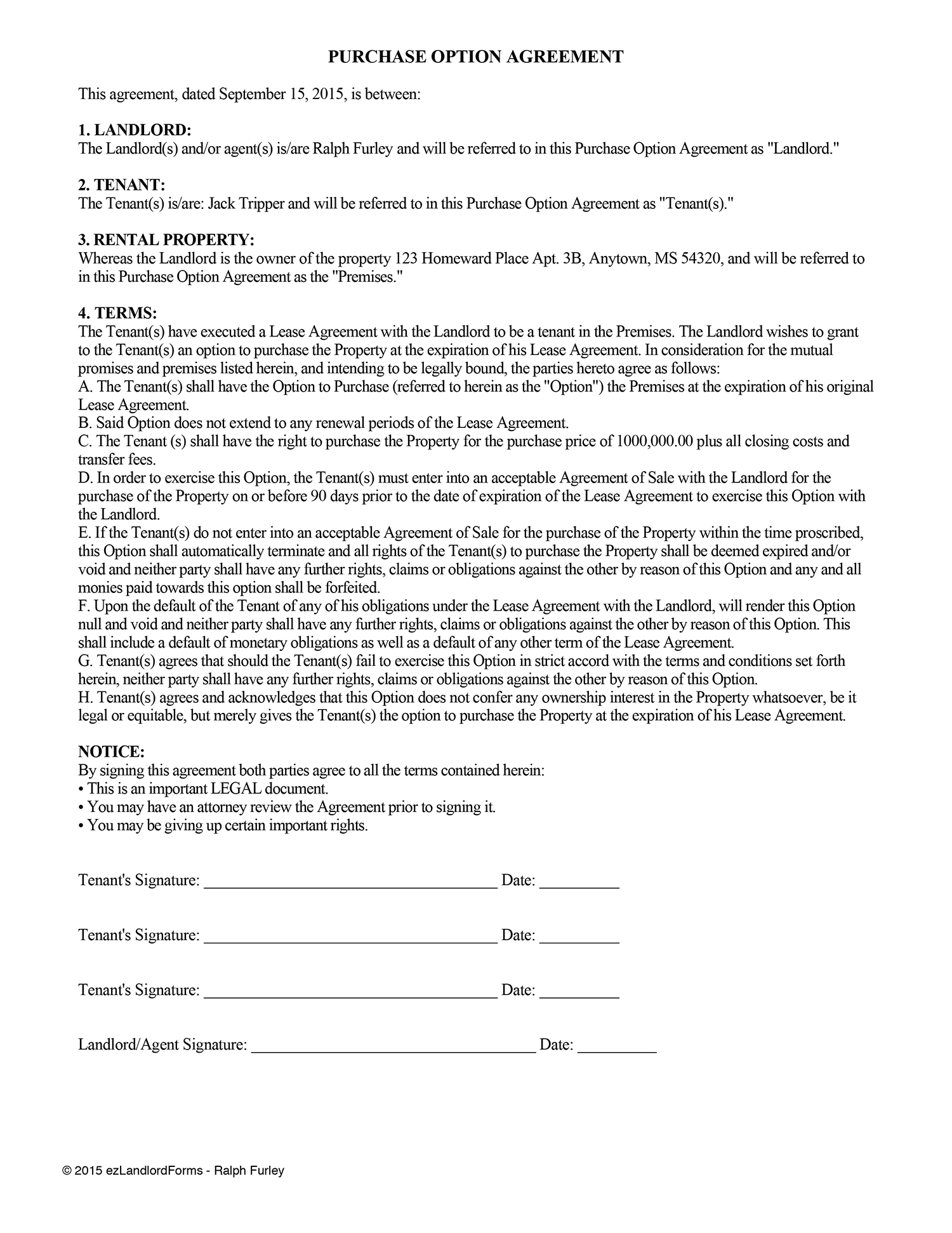 Lease And Purchase Agreement Lease Option Agreement Lease Purchase Option Ezlandlordforms