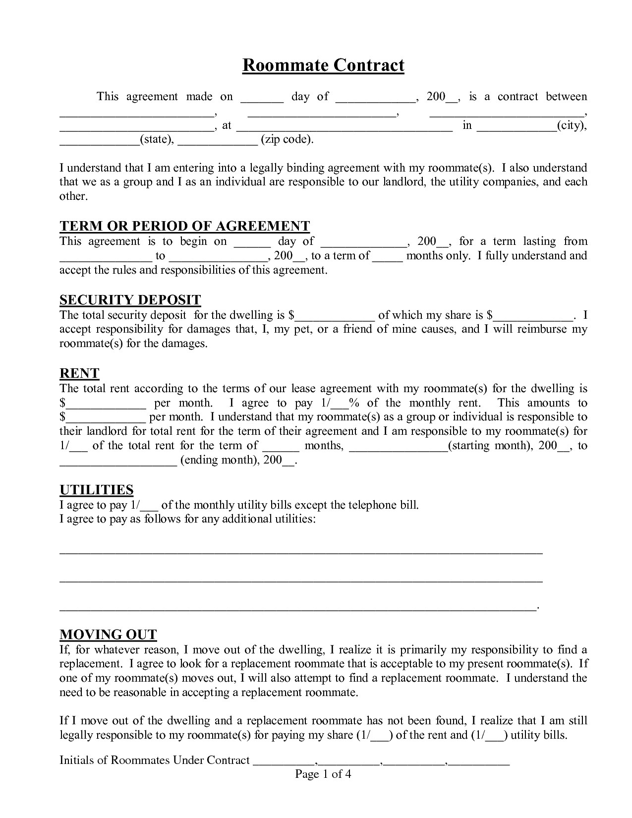 Lease Roommate Agreement College Roommate Agreement Template Paramythia