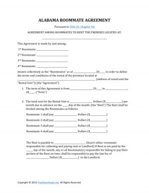 Lease Roommate Agreement Download Alabama Roommate Rental Lease Agreement Pdf Rtf Word
